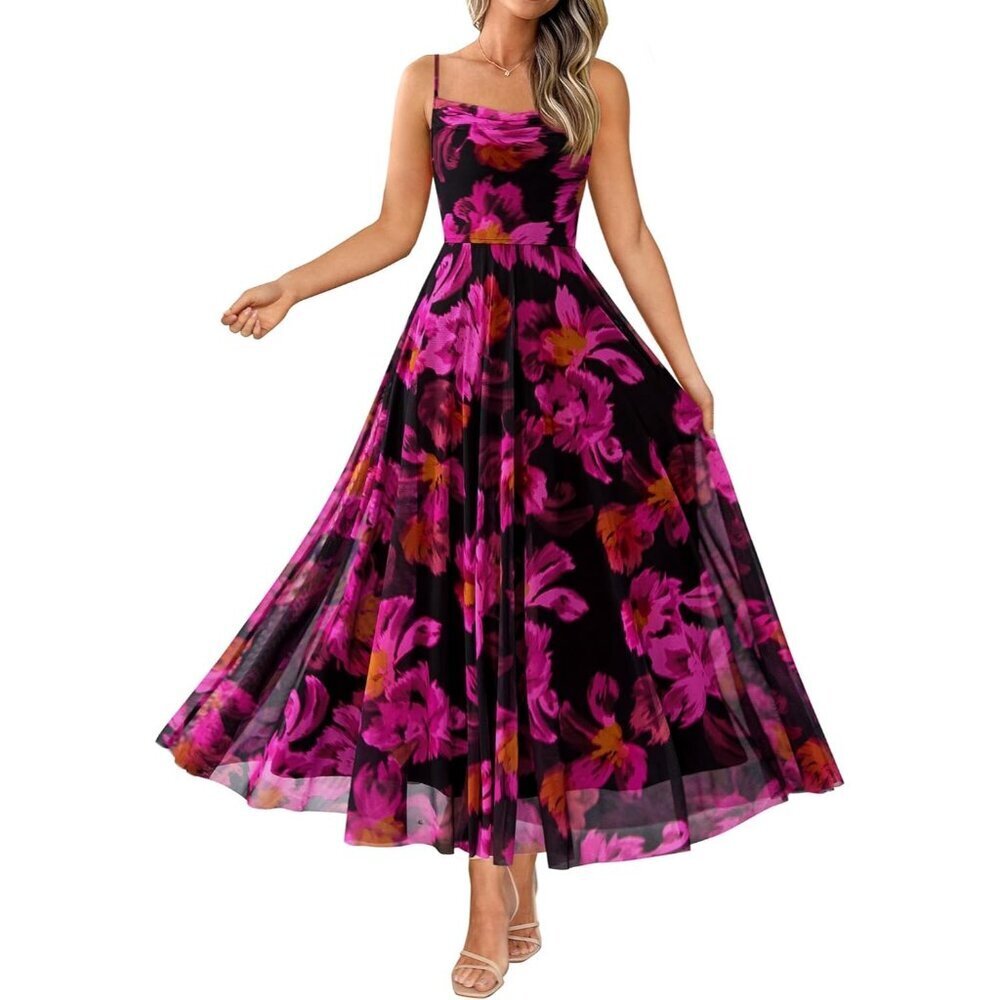 Women's Floral Black Rose  Elegant Spaghetti Strap Printed Party Beach Long Maxi